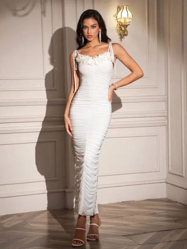 Embellished Knot Straps Ruched Solid Dress sold by Parthea Fashion