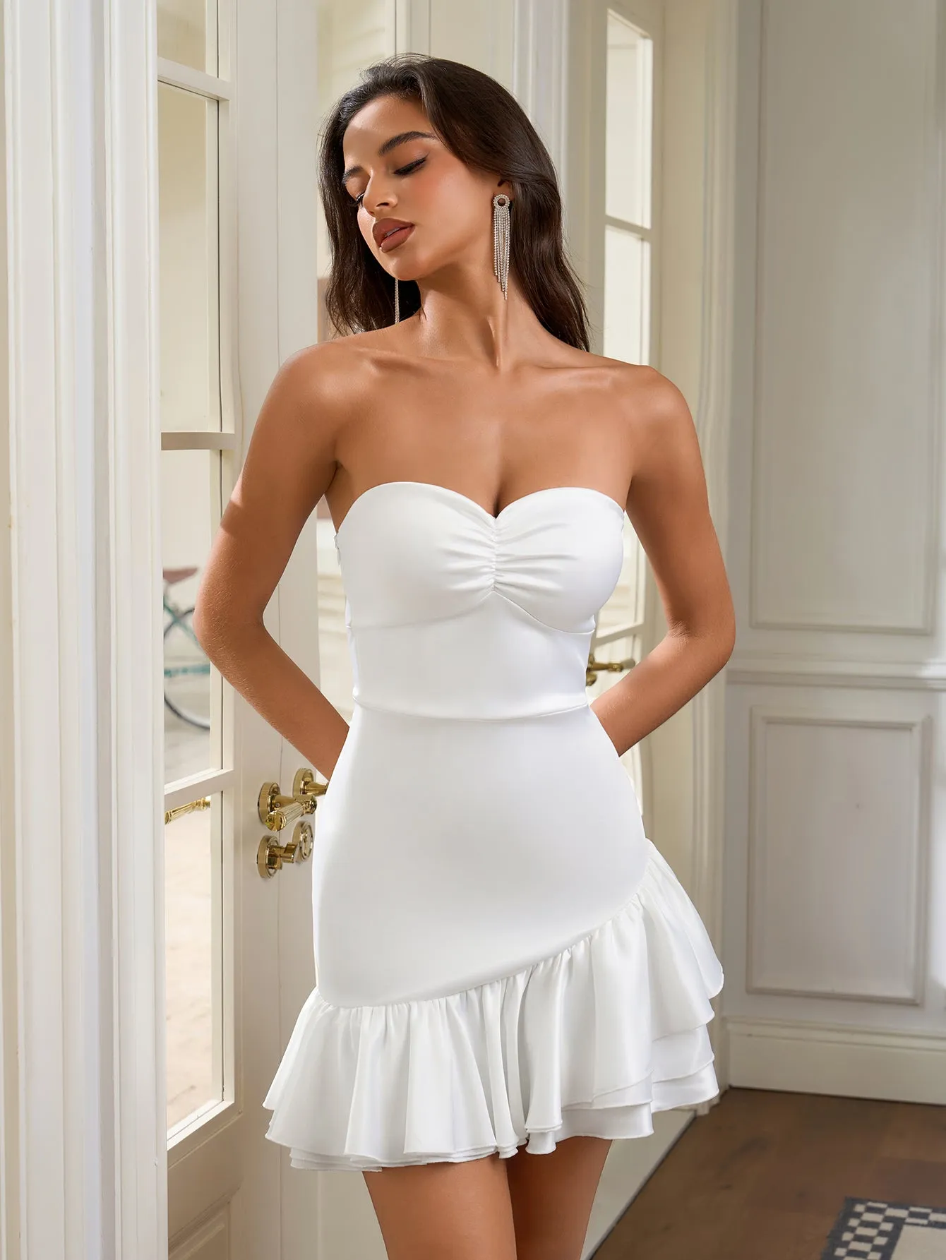 Ruched Bust Asymmetrical Hem Zipper Satin Tube Dress sold by Parthea Fashion product image thumbnail 3