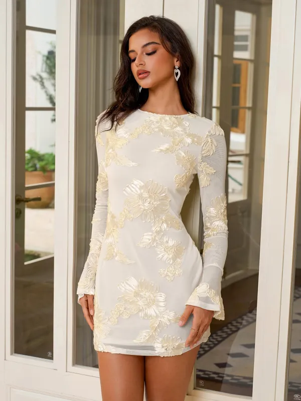 Jacquard Flounce Sleeve Cut Out Back Mini Dress sold by Parthea Fashion