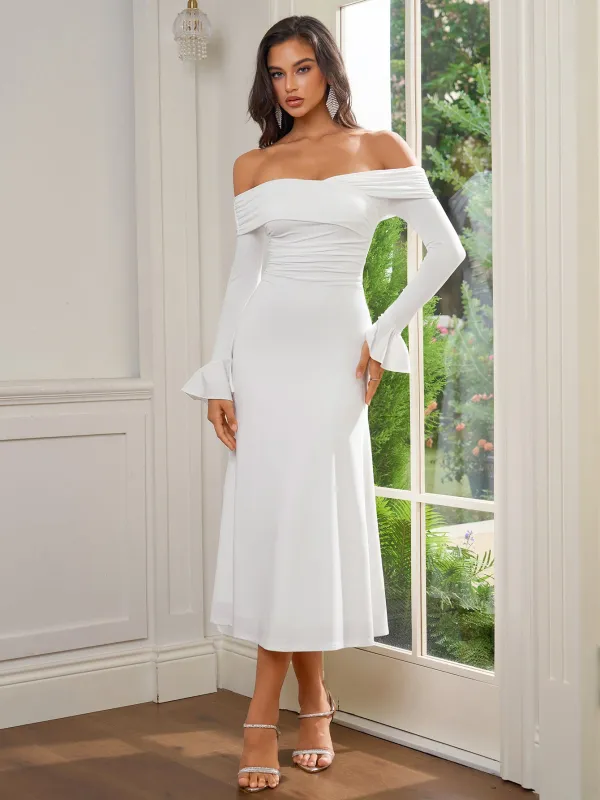 Flounce Sleeve Off Shoulder Ruched Bodycon Dress sold by Parthea Fashion