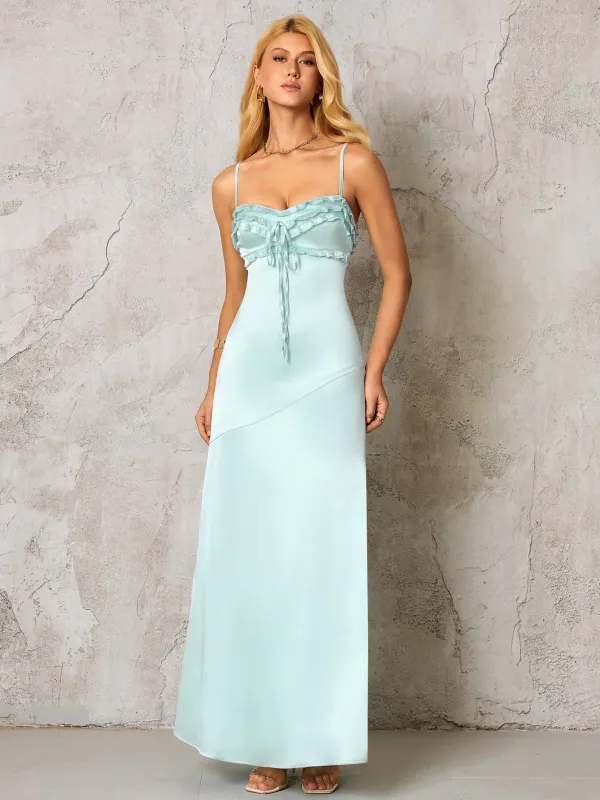 Backless Ruffle Trim Tie Front Satin Dress sold by Parthea Fashion