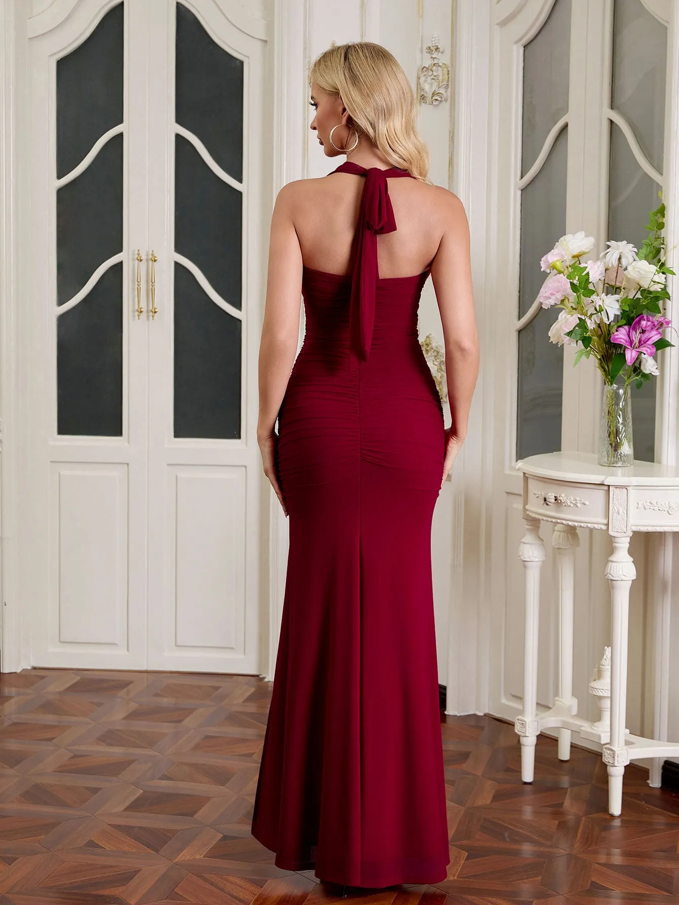 Halter Ruched Split Thigh Mesh Maxi Dress sold by Parthea Fashion product image thumbnail 2