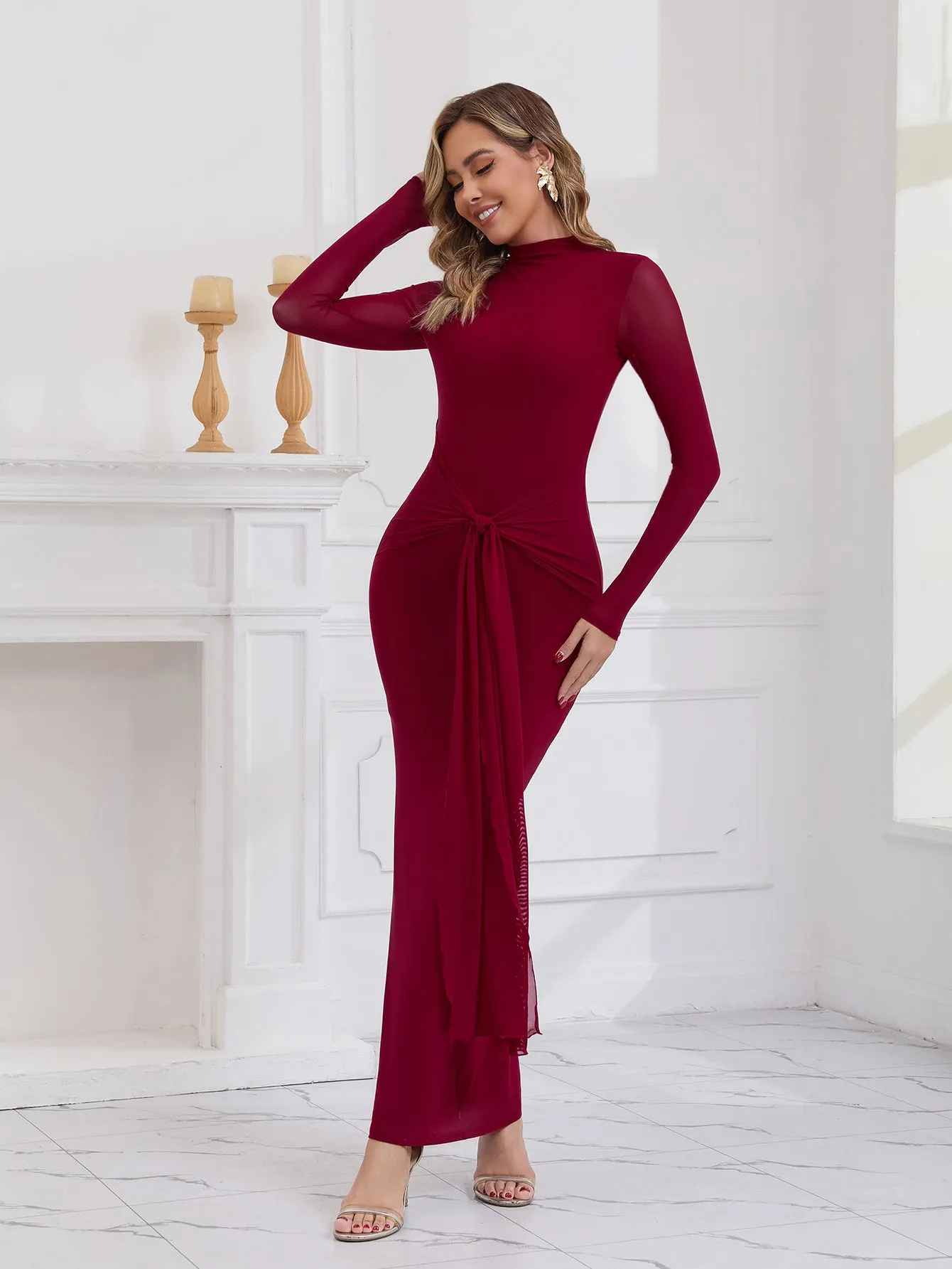 Backless Ribbon Trim Long Sleeve Mesh Dress sold by Parthea Fashion product image thumbnail 4