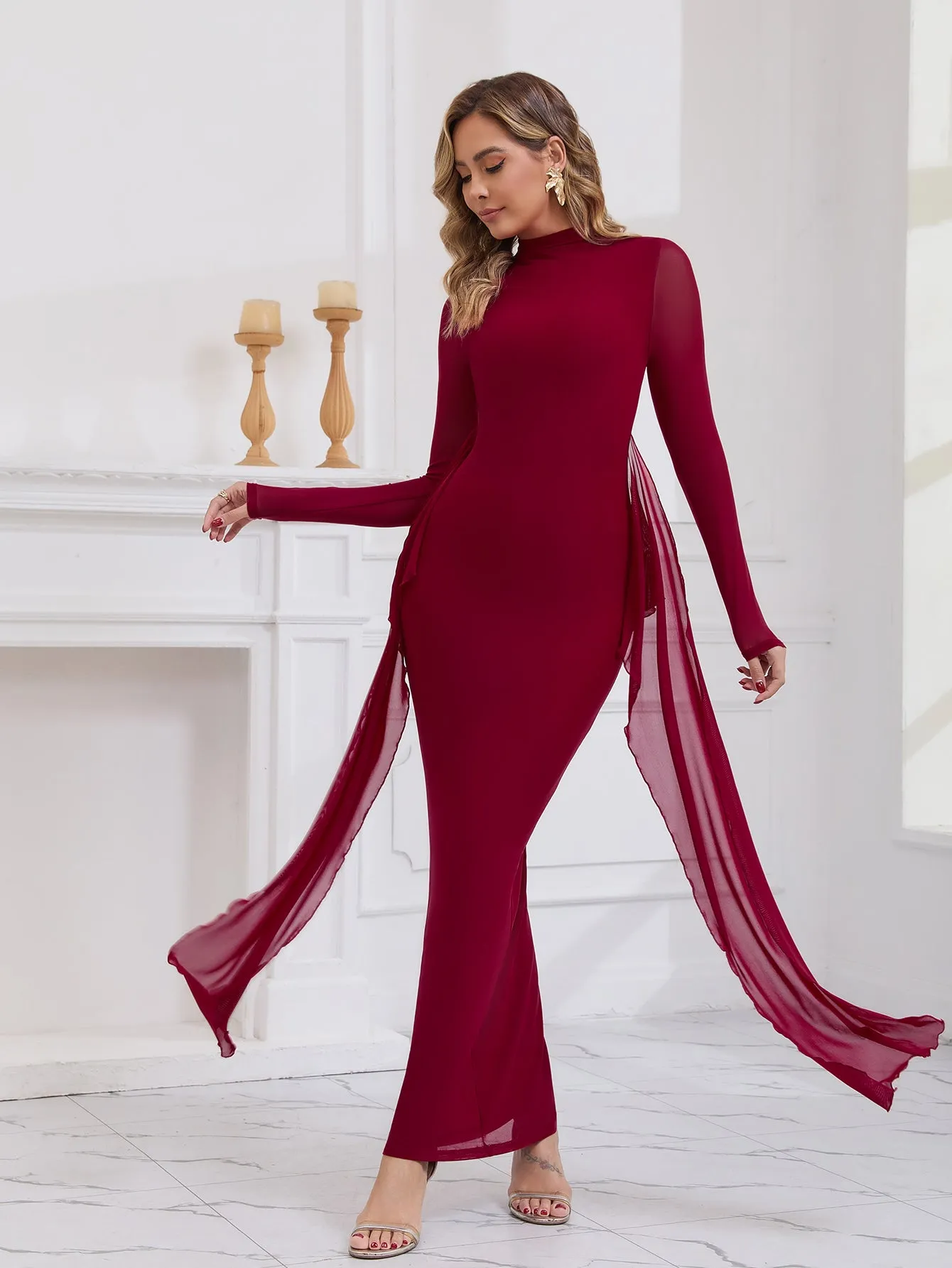 Backless Ribbon Trim Long Sleeve Mesh Dress sold by Parthea Fashion product image thumbnail 3