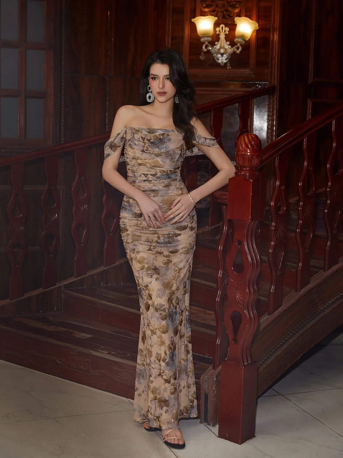 Floral Jacquard Off Shoulder Ruched Zipper Back Mesh Dress sold by Parthea Fashion