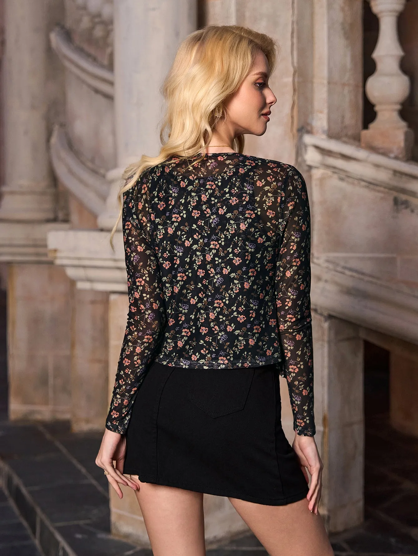 Floral Print Mesh Tank Top&Button Decoration Long Sleeve Cardigan Set sold by Parthea Fashion product image thumbnail 2