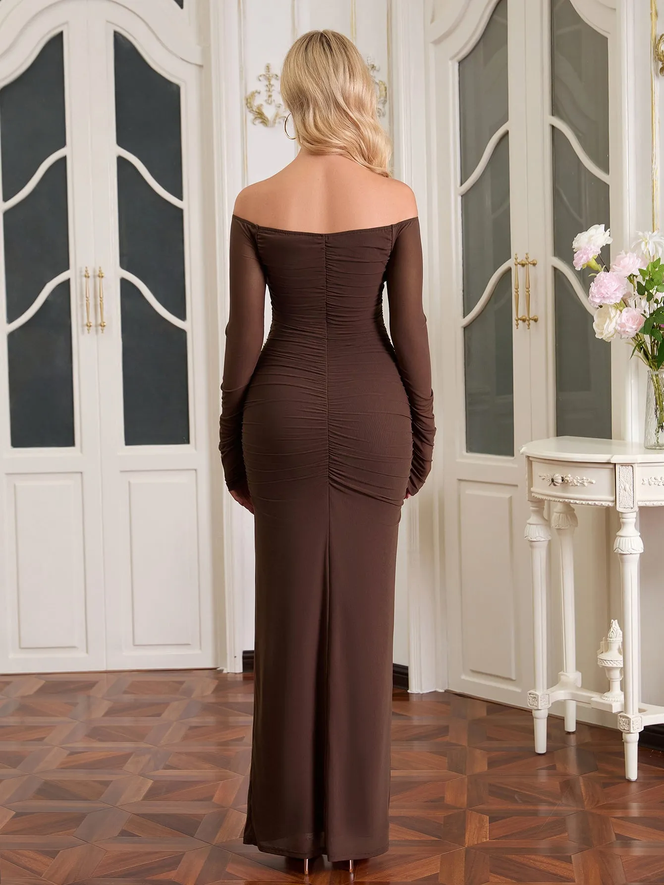 Off Shoulder Ruched Crisscross Waist Mesh Bodycon Dress sold by Parthea Fashion product image thumbnail 2