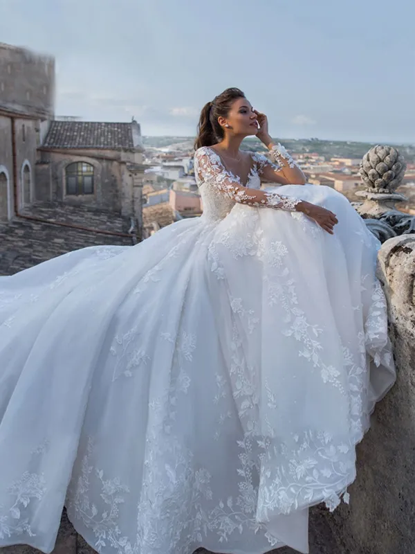 Parthea Jacquard Long Sleeve Lace Wedding Gown made by Parthea Fashion