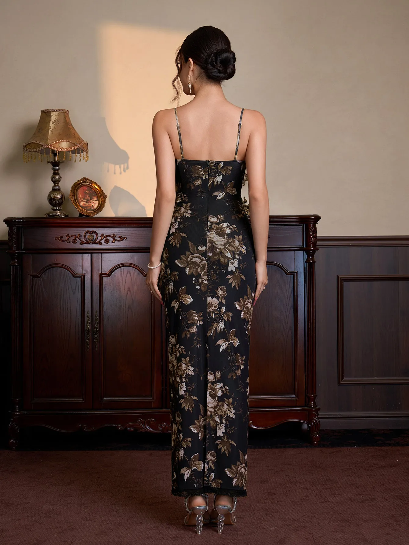 Lace Trim Corset Floral Print Mesh Dress sold by Parthea Fashion product image thumbnail 2