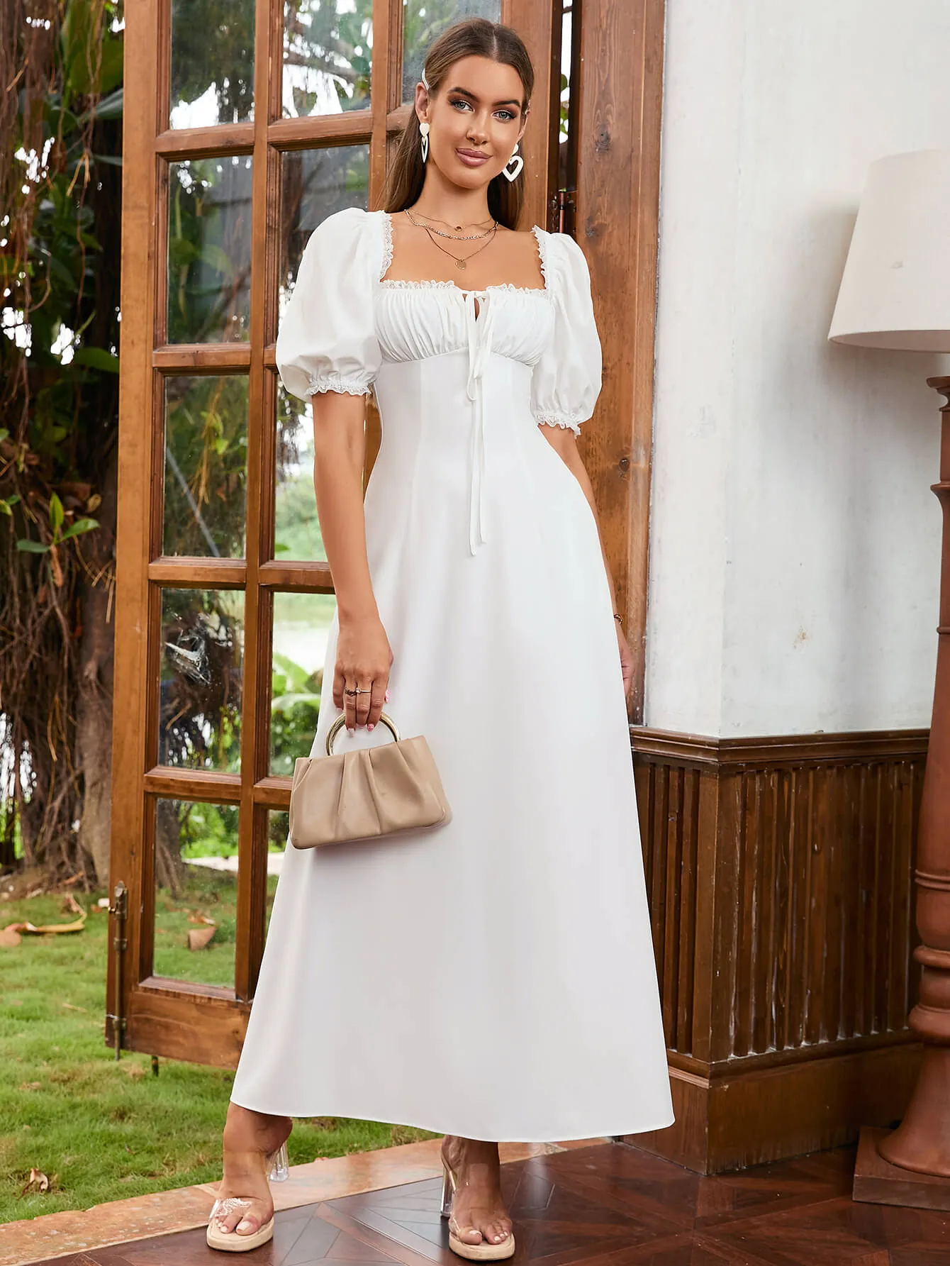 Lace Puff Sleeve Tie Front Flowy Maxi Dress sold by Parthea Fashion product image thumbnail 5