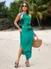 Tie Mesh Print Vest&Ruched Asymmetrical Split Hem Skirt sold by Parthea Fashion
