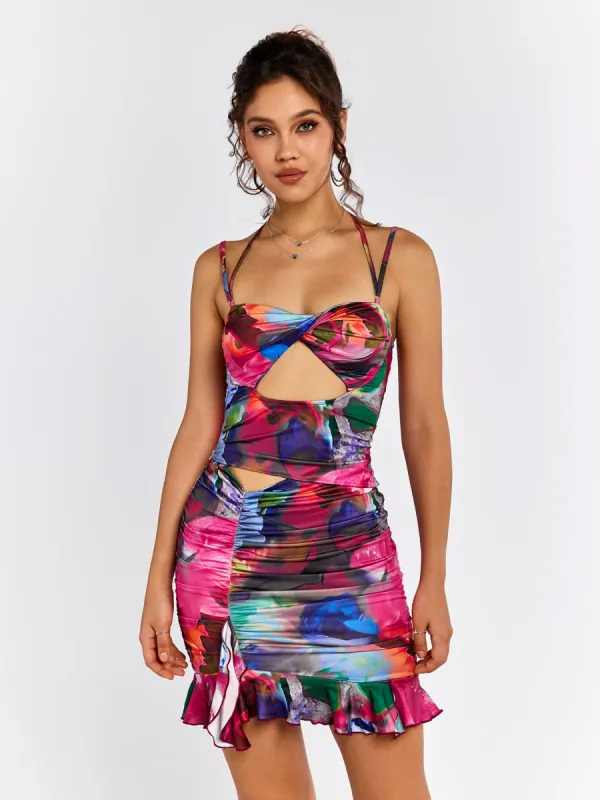 Ruched Halter Cut Out Floral Mini Dress sold by Parthea Fashion