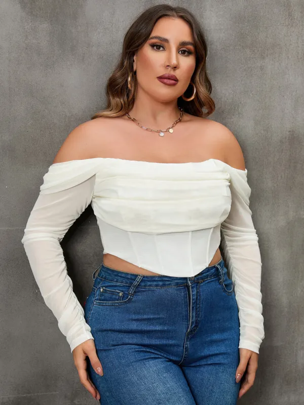 Plus Off Shoulder Ruched Asymmetrical Hem Corset Mesh Top sold by Parthea Fashion