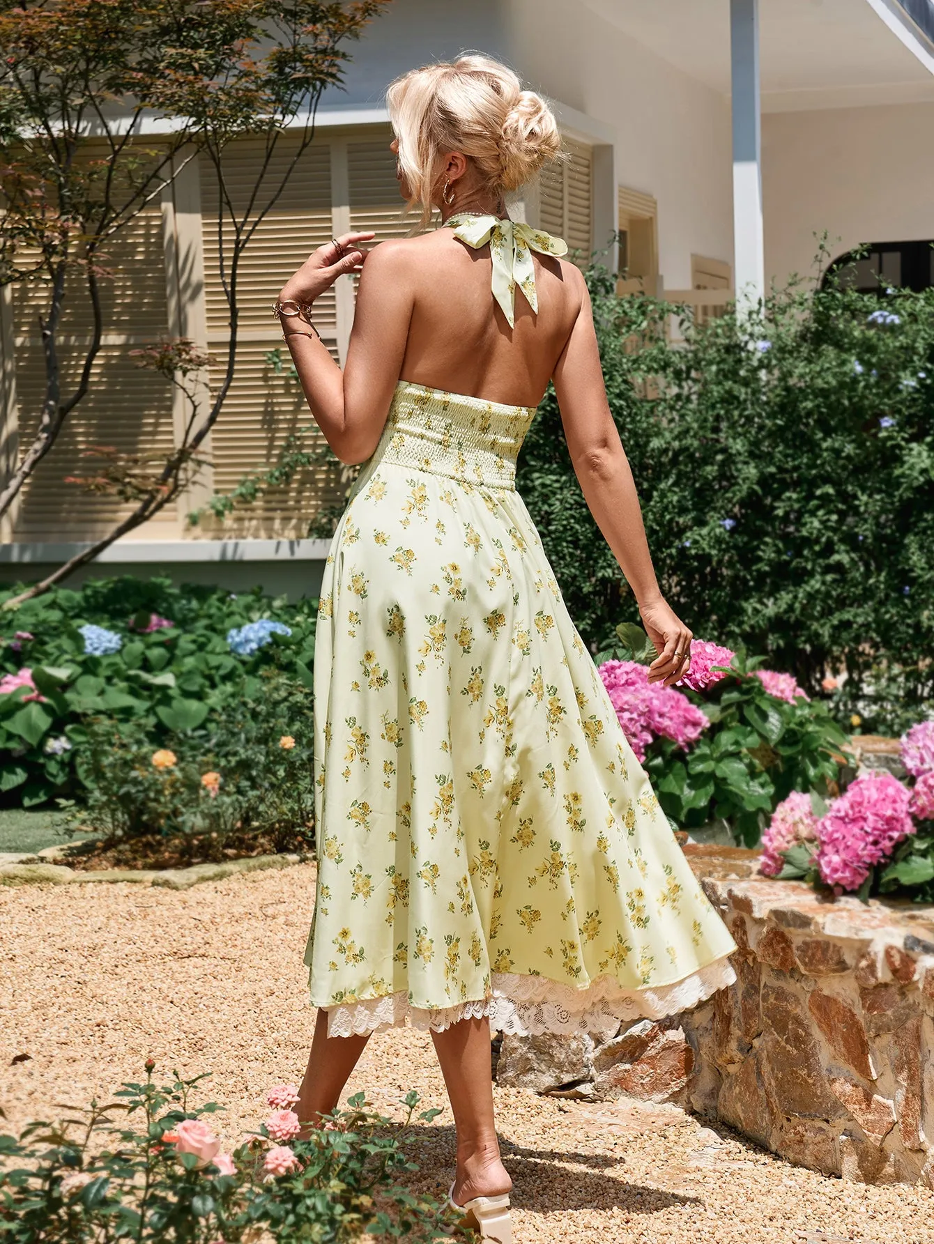 Deep V-Neck Halter Lace Spliced Floral Dress sold by Parthea Fashion product image thumbnail 2