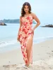 Split Thigh Backless Tie Ruched Floral Print Dress sold by Parthea Fashion