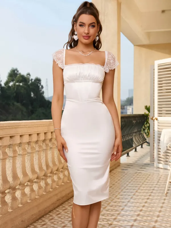 Contrast Lace Lace Up Back Satin Bodycon Dress sold by Parthea Fashion