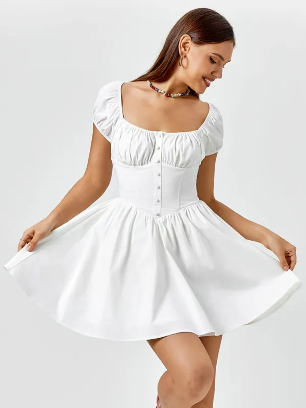 Puff Sleeve Ruched Bust Button Mini Dress sold by Parthea Fashion