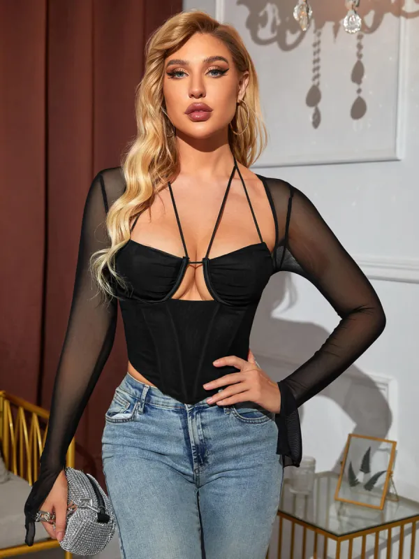 Tie Back Split Cuff Ruched Mesh Top sold by Parthea Fashion