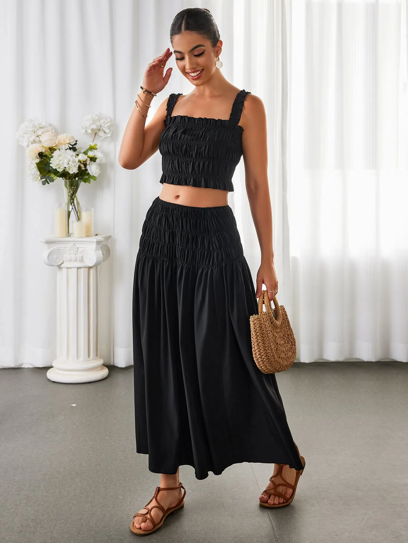 Ruched Backless Crop Top&Ruffle Flared Hem Skirt sold by Parthea Fashion product image thumbnail 4