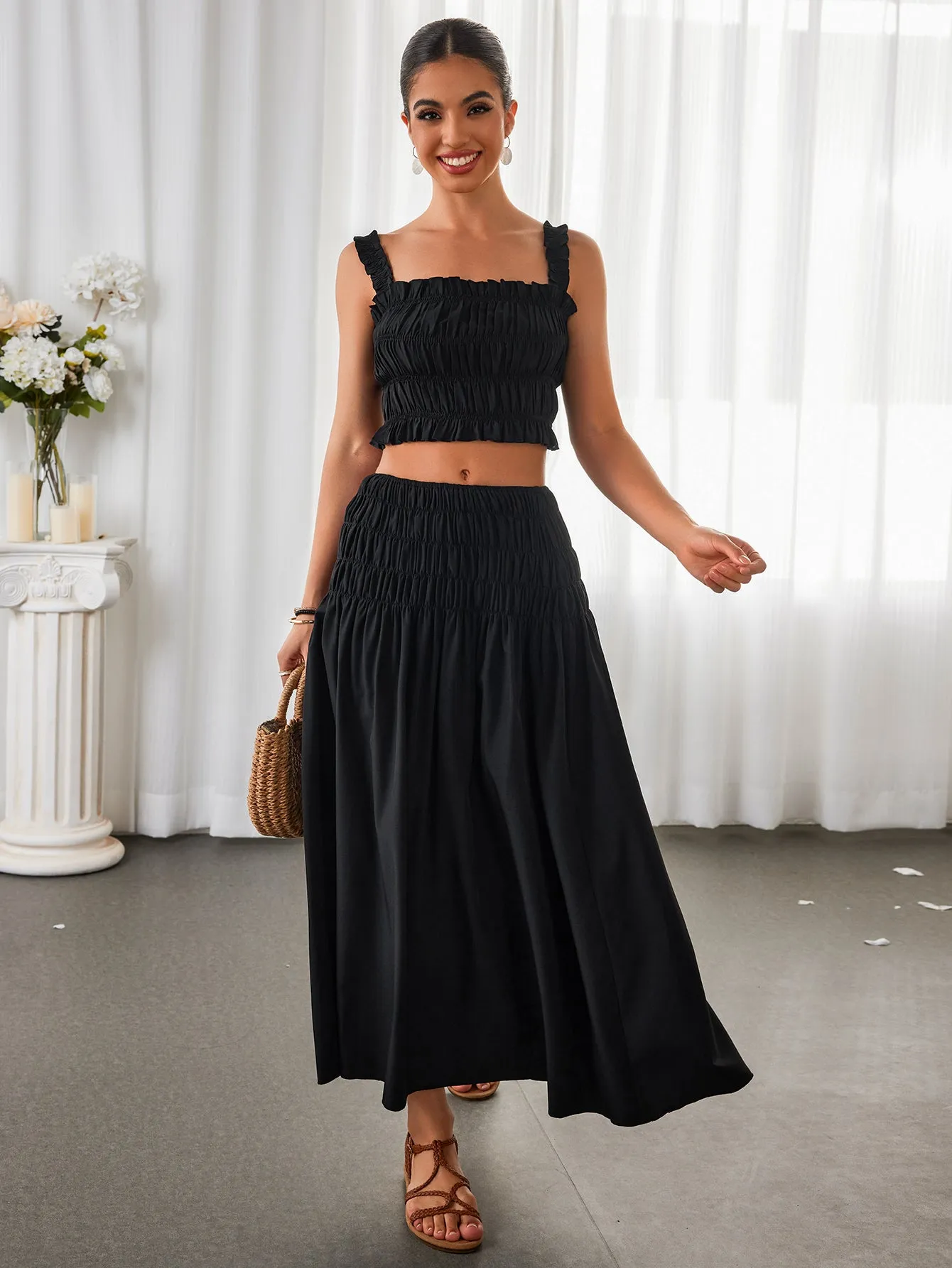 Ruched Backless Crop Top&Ruffle Flared Hem Skirt sold by Parthea Fashion