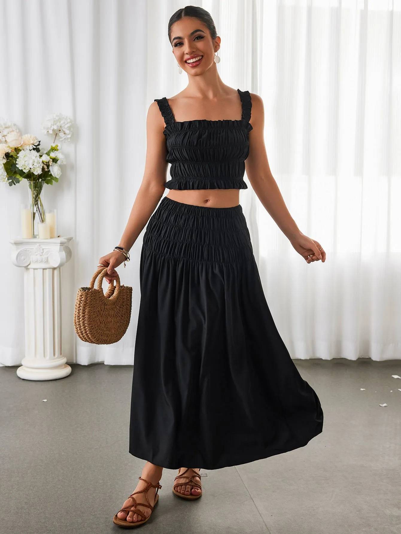 Ruched Backless Crop Top&Ruffle Flared Hem Skirt sold by Parthea Fashion product image thumbnail 3