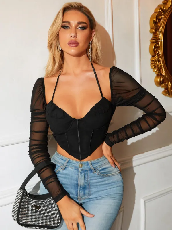 Tie Backless Ruched Hanky Hem Mesh Crop Top sold by Parthea Fashion