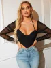 Tie Backless Ruched Hanky Hem Mesh Crop Top sold by Parthea Fashion