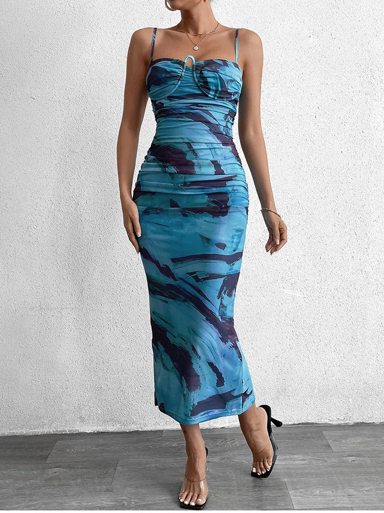 Underwire Split Back Ruched Print Mesh Dress sold by Parthea Fashion