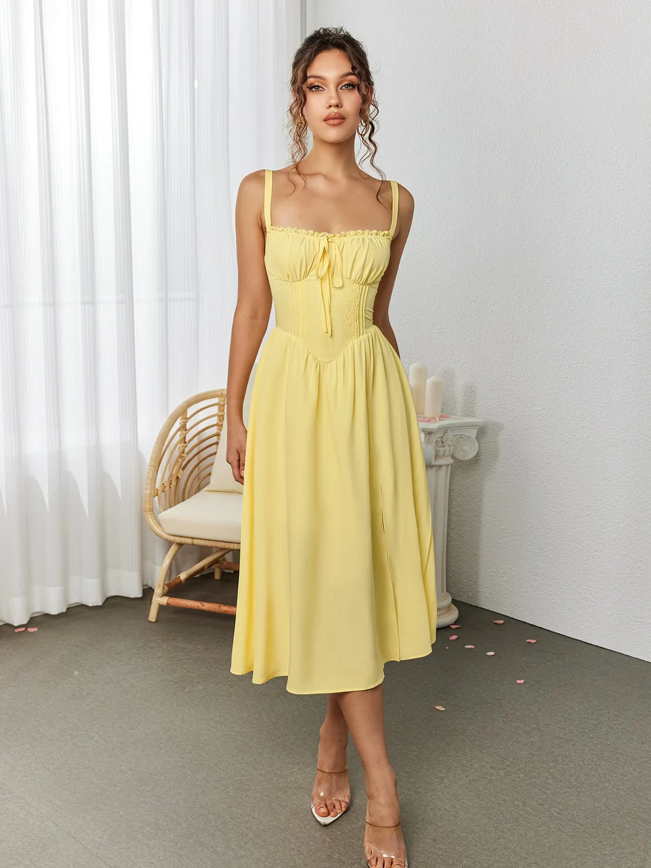 Lace Trim Tie Front Split Thigh Cami Dress sold by Parthea Fashion product image thumbnail 5