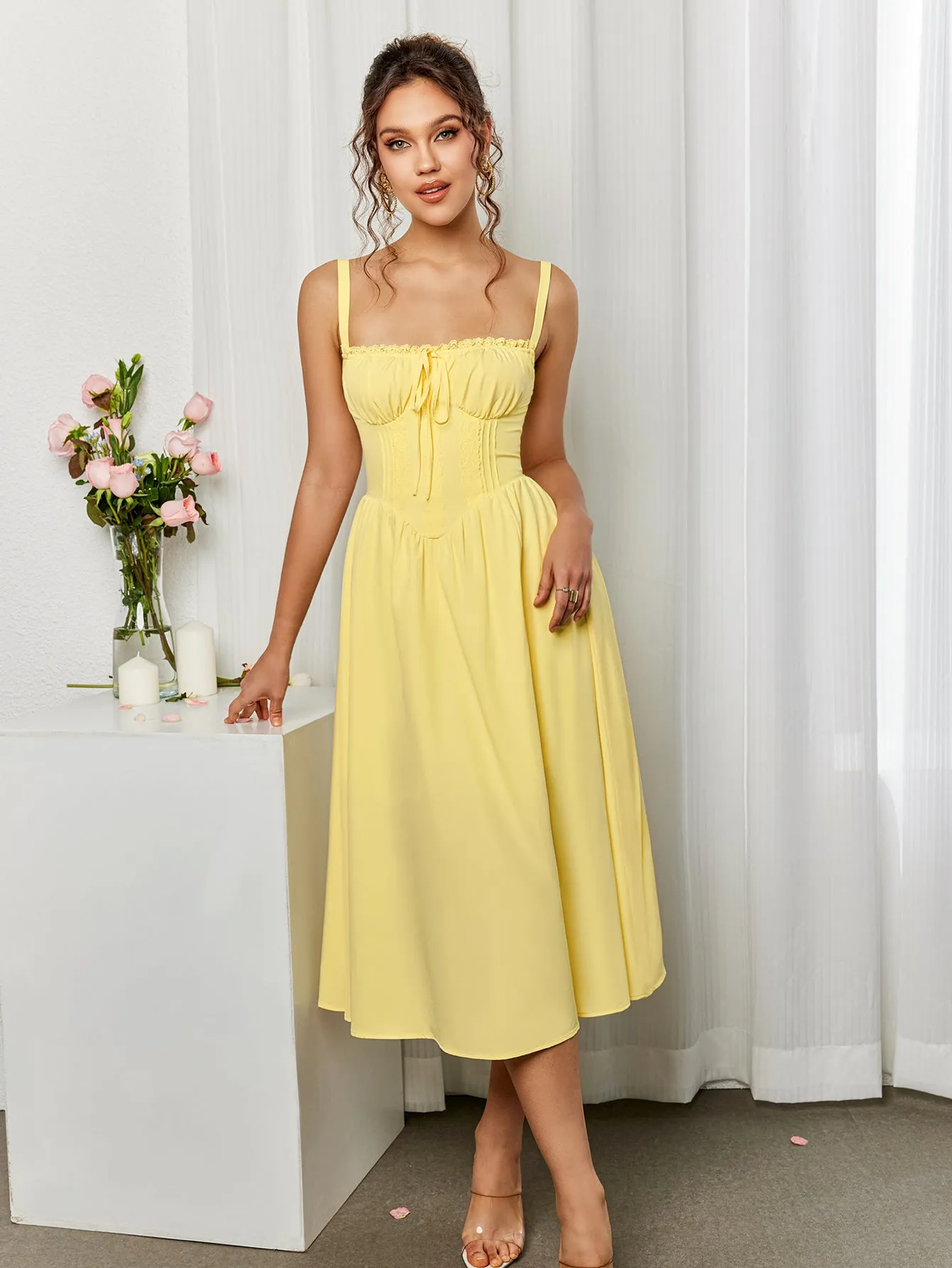 Lace Trim Tie Front Split Thigh Cami Dress sold by Parthea Fashion product image thumbnail 4