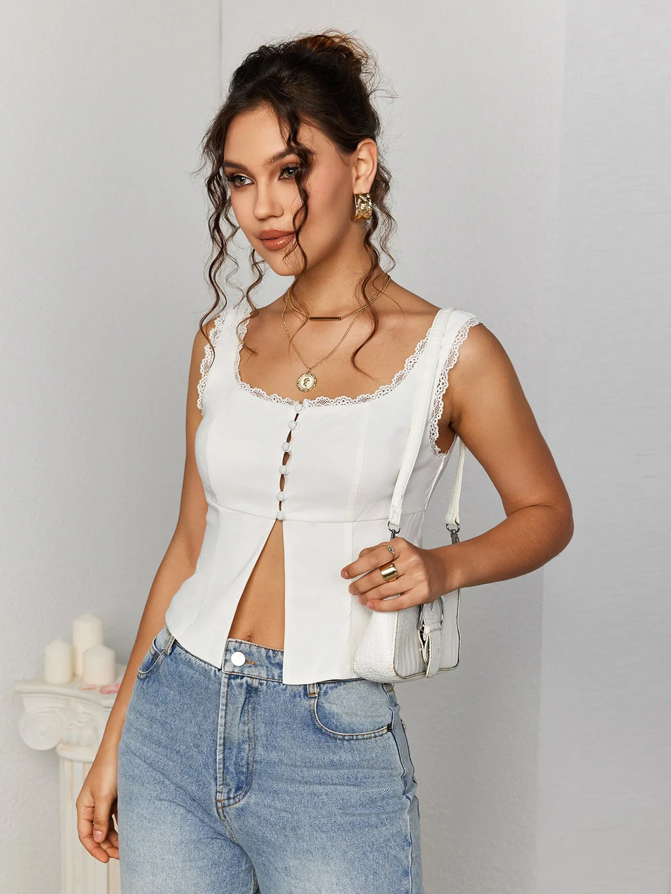 Lace Trim Button Slit Hem Tank Top sold by Parthea Fashion product image thumbnail 4