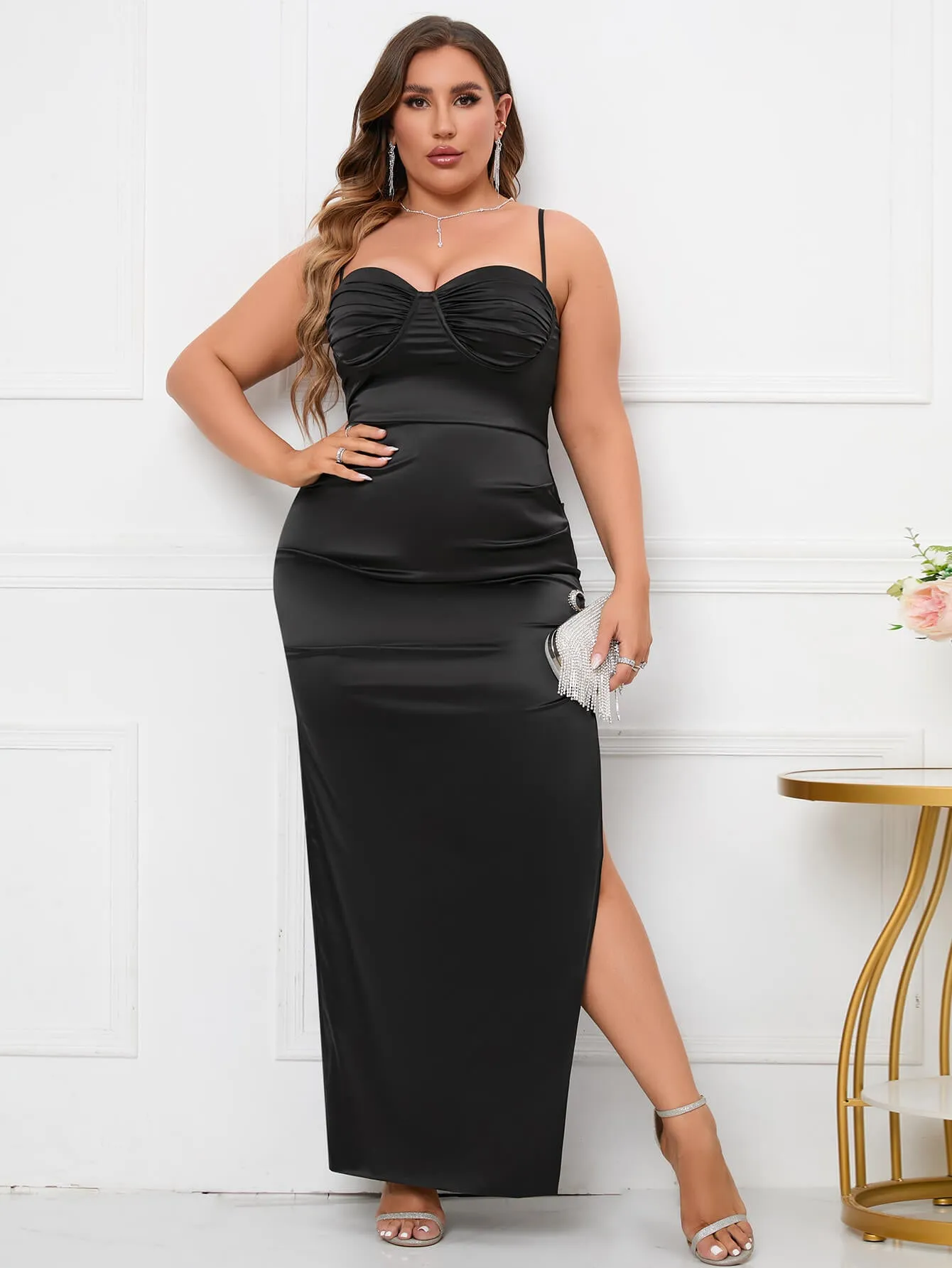 Plus Ruched Split Thigh Satin Dress sold by Parthea Fashion