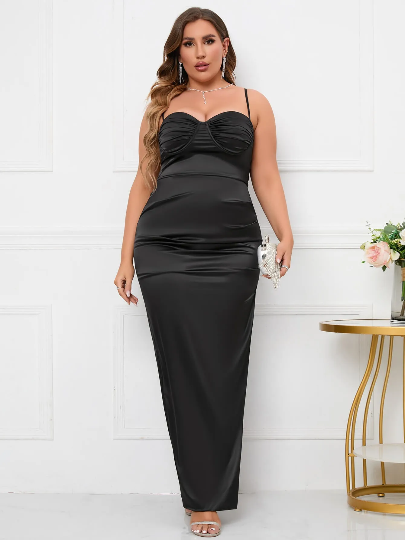 Plus Ruched Split Thigh Satin Dress sold by Parthea Fashion product image thumbnail 5