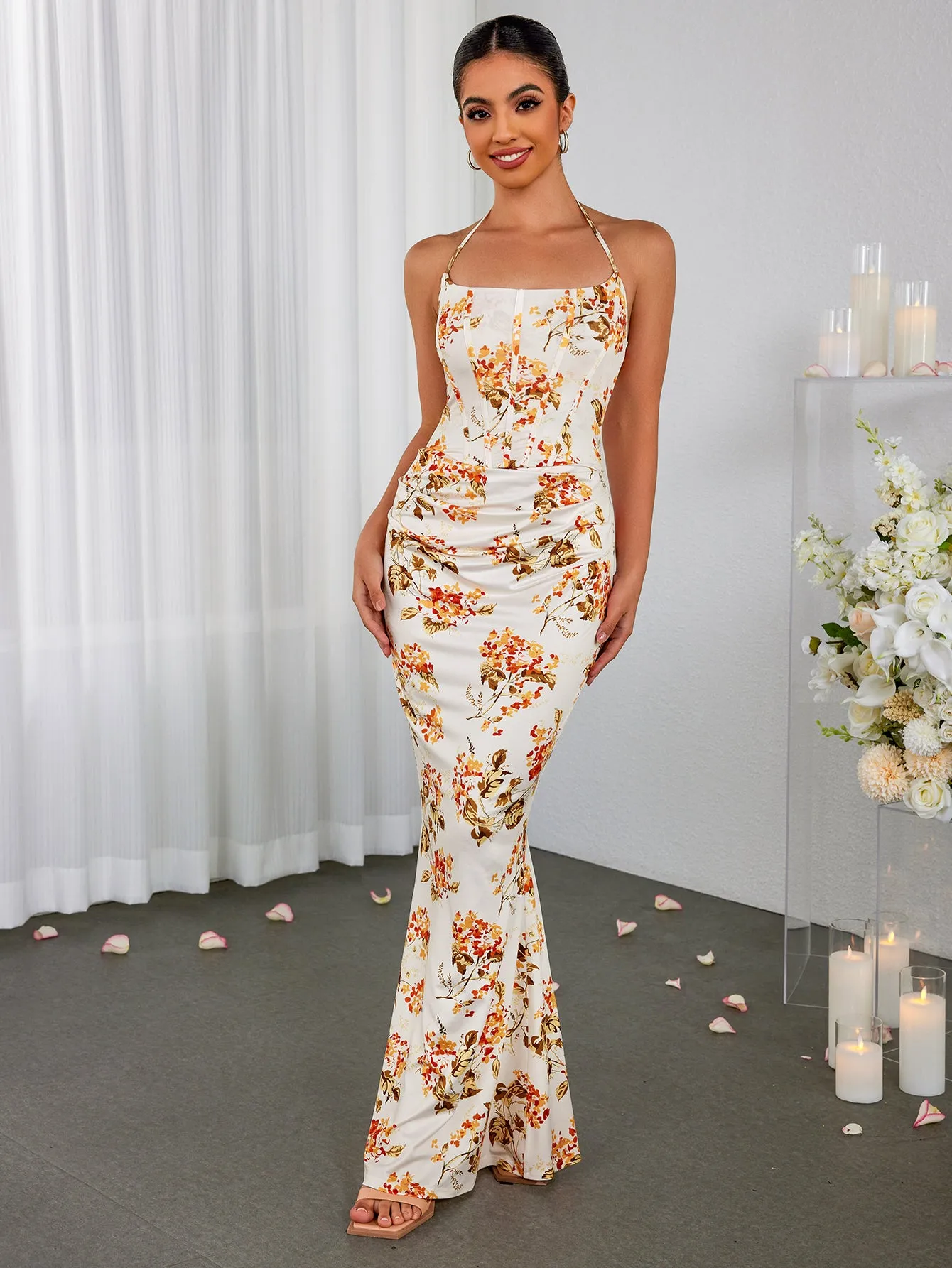 Halter Corset Ruched Floral Print Bodycon Dress sold by Parthea Fashion product image thumbnail 5