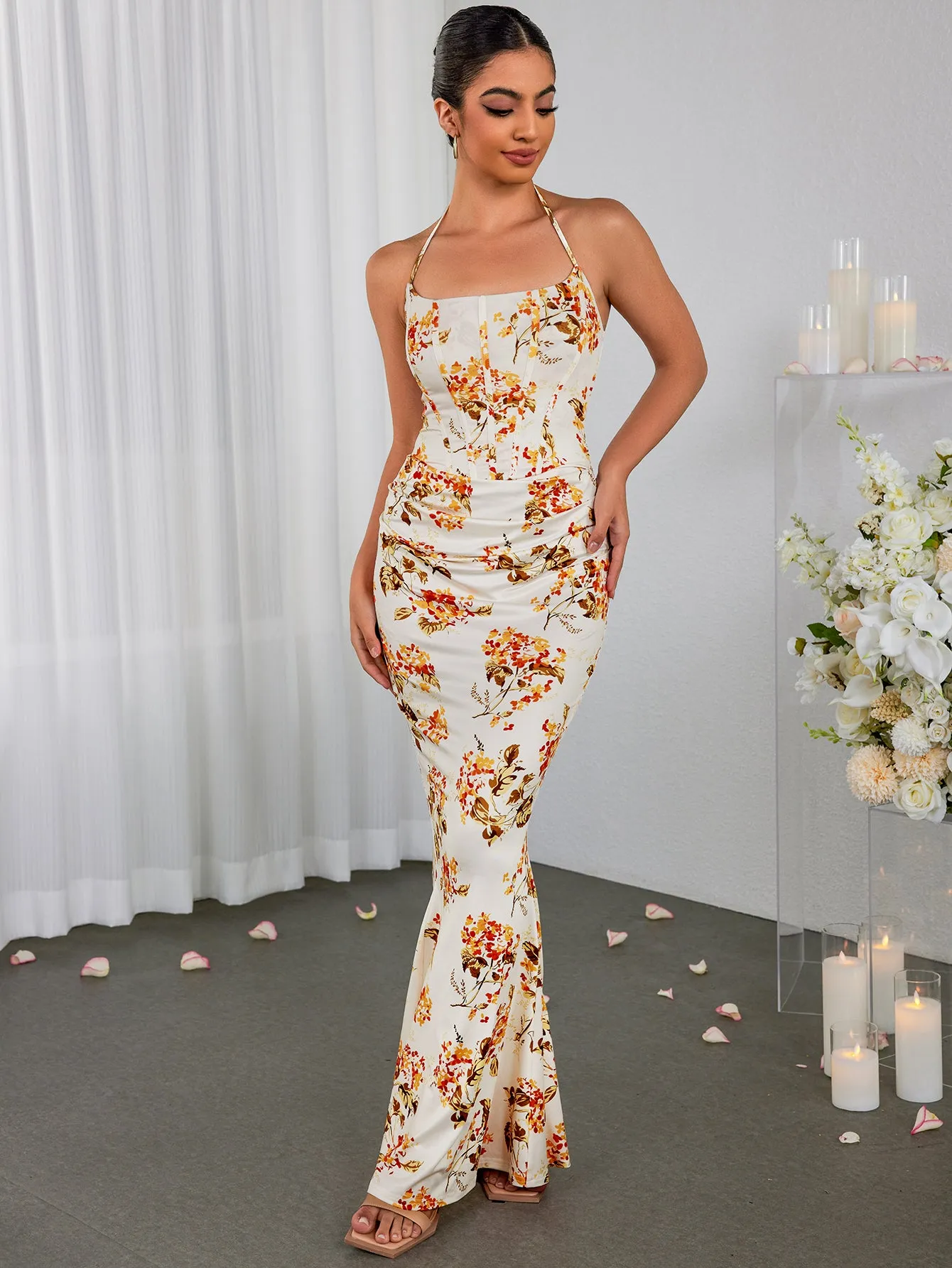 Halter Corset Ruched Floral Print Bodycon Dress sold by Parthea Fashion product image thumbnail 3