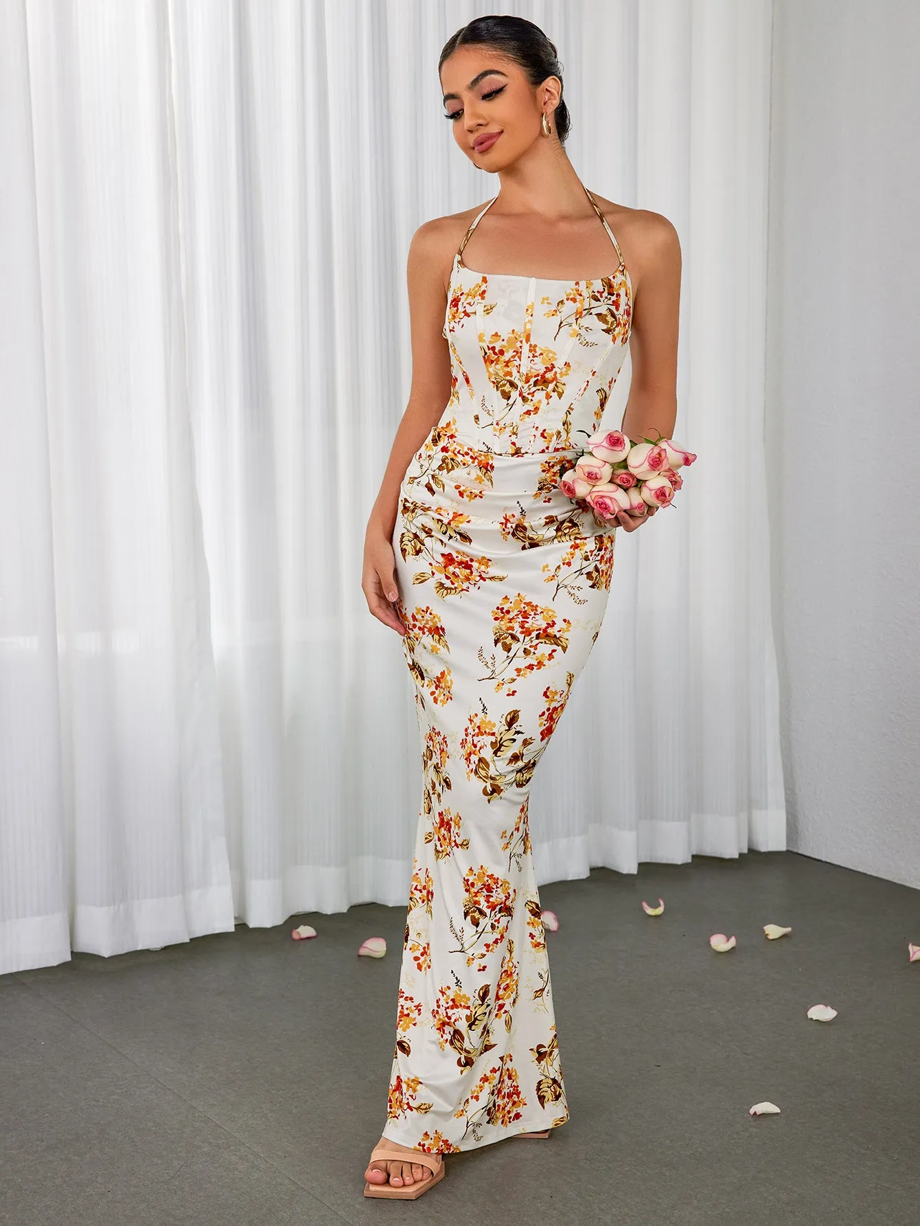 Halter Corset Ruched Floral Print Bodycon Dress sold by Parthea Fashion