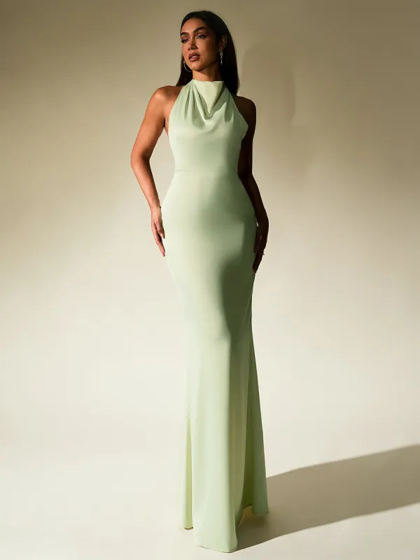 Backless Halter Stand Collar Satin Dress sold by Parthea Fashion
