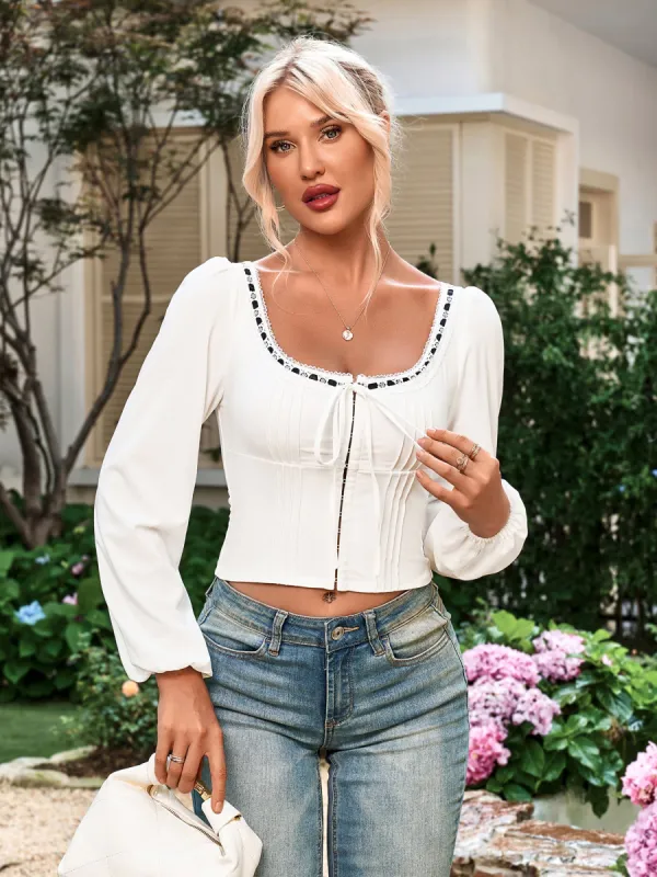 Square Neck Tie Hook And Eye Lace Contrast Top sold by Parthea Fashion