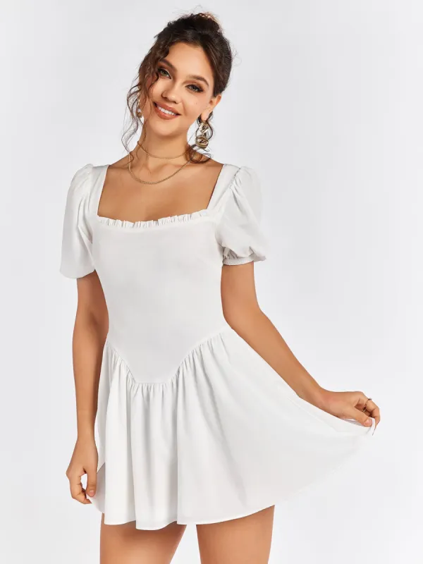 Puff Sleeve Zipper Back Mini Dress sold by Parthea Fashion