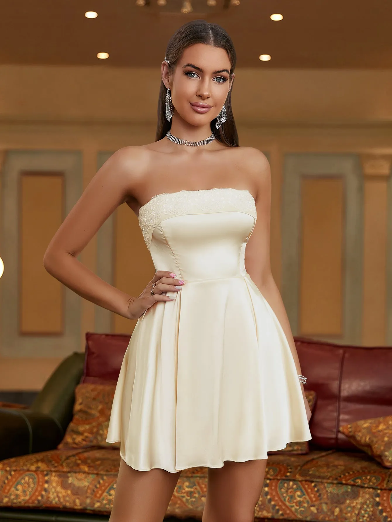 Lace Trim Satin Tube Backless Dress sold by Parthea Fashion product image thumbnail 3