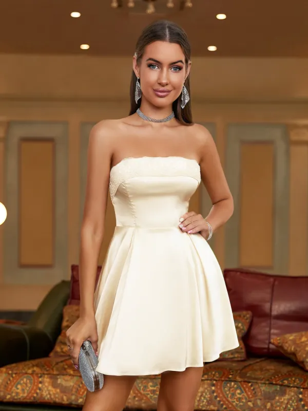 Lace Trim Satin Tube Backless Dress sold by Parthea Fashion