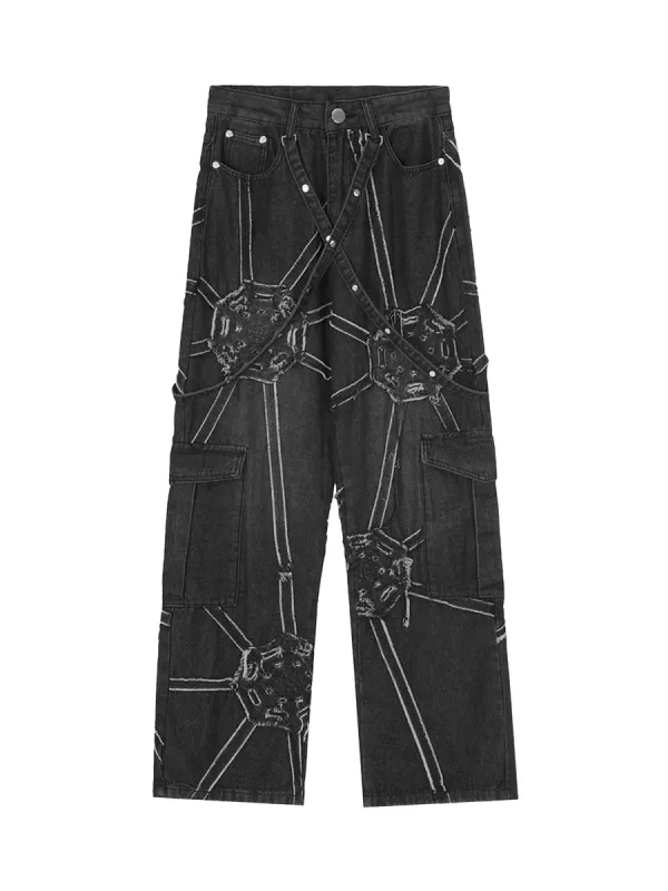 Thesupermade High Street Hip-Hop Spider Web Denim Pants-1512 sold by Thesupermade