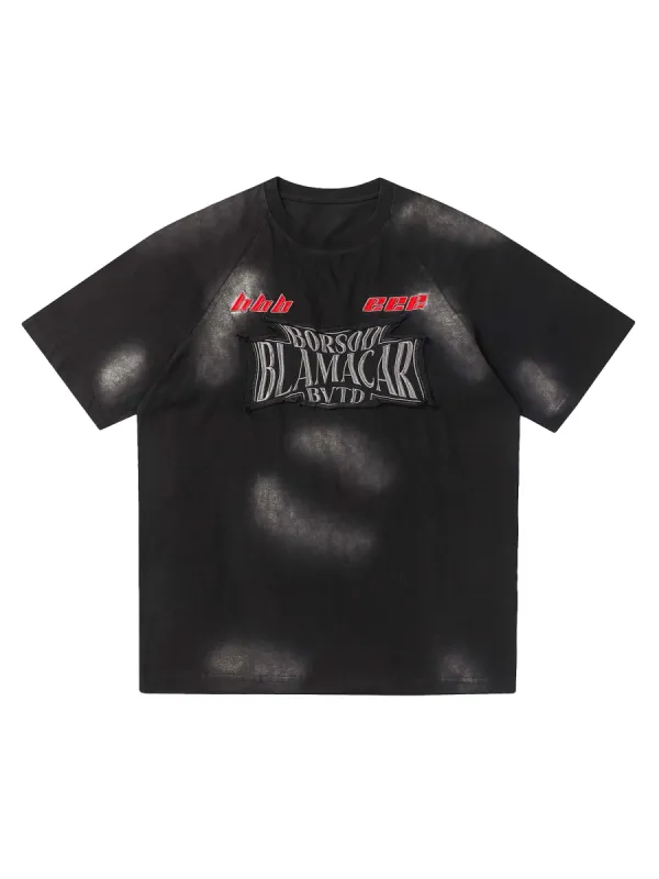 American Washed Distressed Patch Letter Embroidered T-shirt sold by Thesupermade