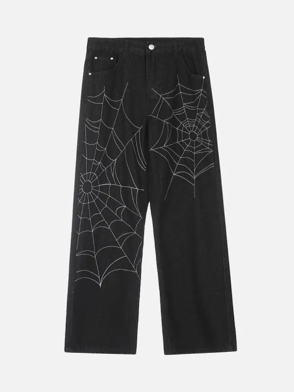 Thesupermade Raw Denim Spider Web Embroidery Hip-Hop Jeans sold by Thesupermade