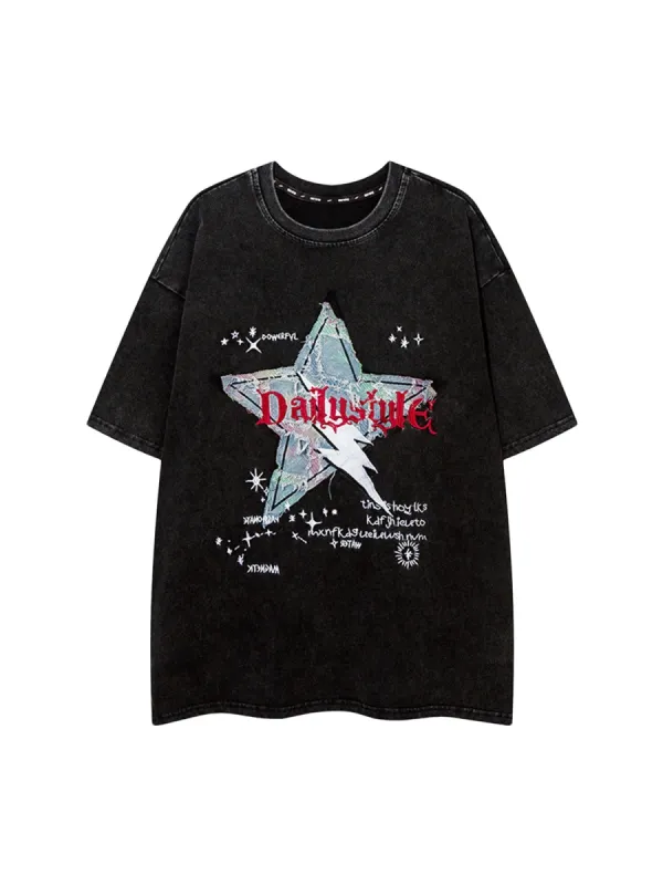 Retro Washed Denim Patch Embroidered Star T-shirt sold by Thesupermade