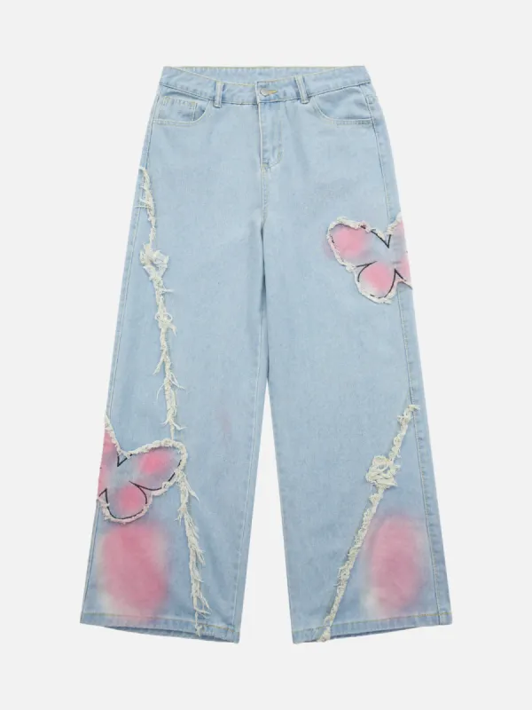 Thesupermade Tie-dye Butterfly Embroidered Raw Edge Jeans sold by Thesupermade
