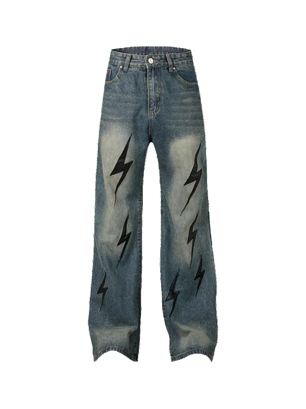 Thesupermade High Street Washed Distressed Lightning Patch Jeans sold by Thesupermade