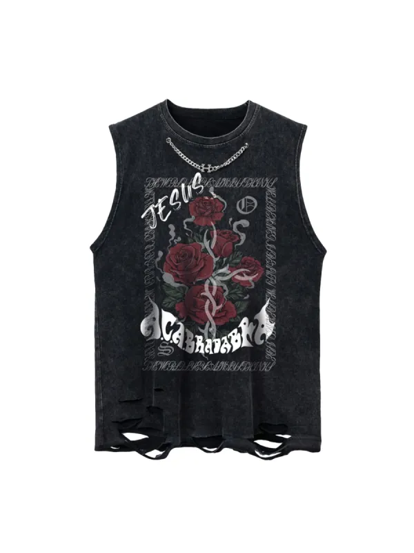 Thesupermade Metal Embellished Rose Washed Distressed Tank Top sold by Thesupermade