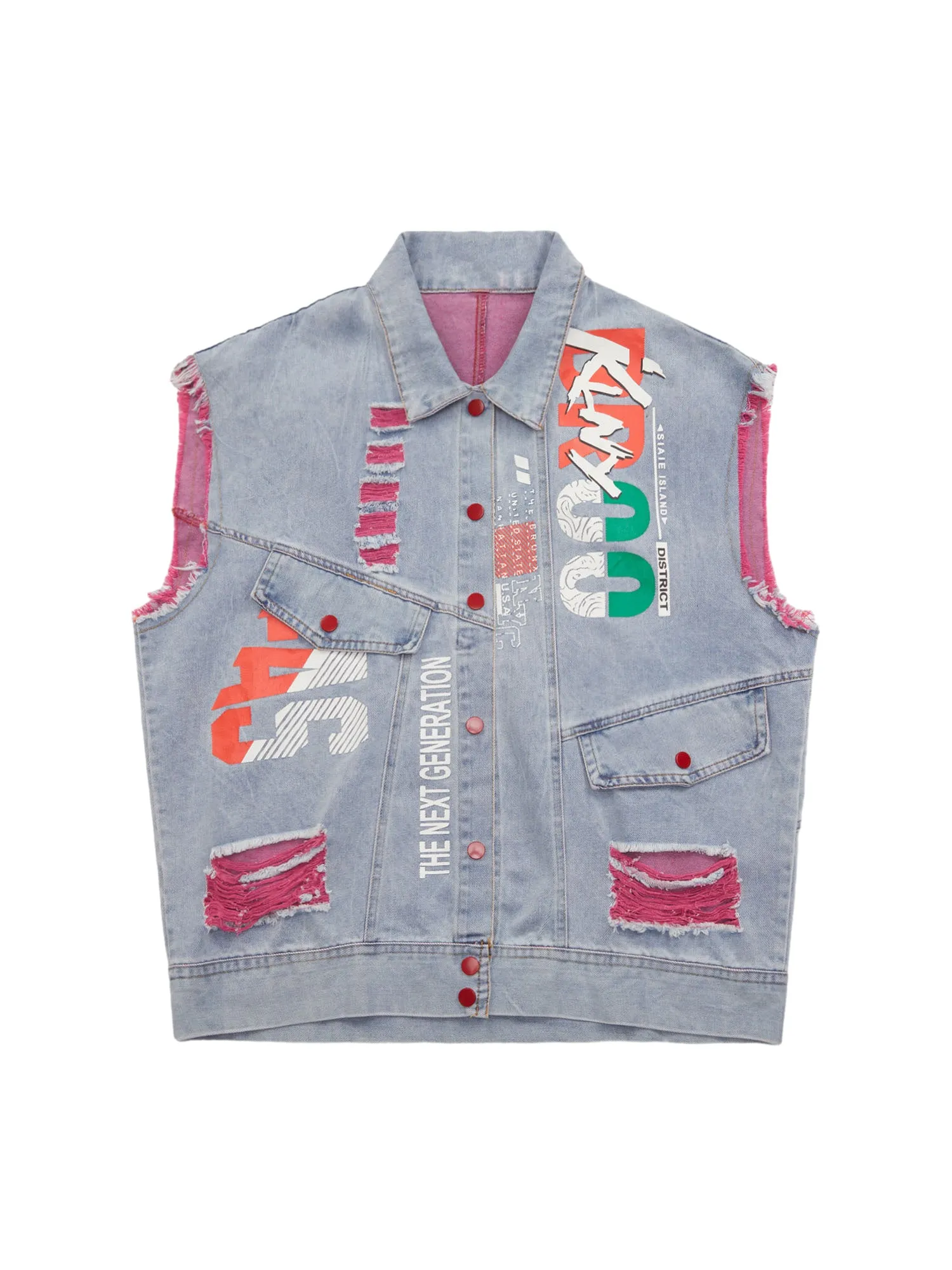 Thesupermade Street Hip-hop Ripped Graffiti Printed Denim Vest sold by Thesupermade