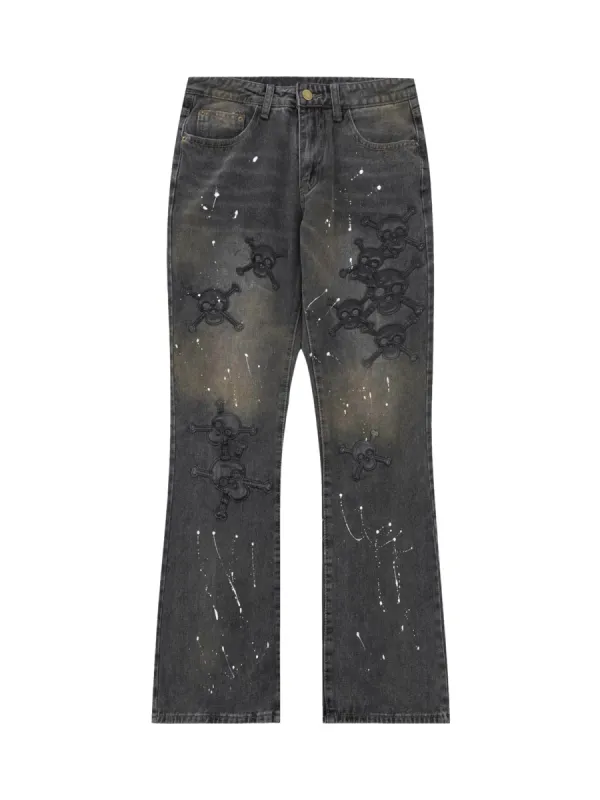 Thesupermade Leather Skull Splash Ink Micro-flared Jeans sold by Thesupermade